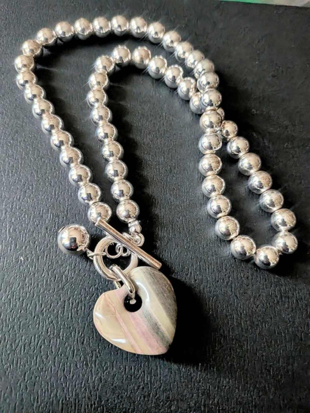 Chunky Silver Beaded Heart Necklace • Pink Grey Banded Stone Toggle Clasp